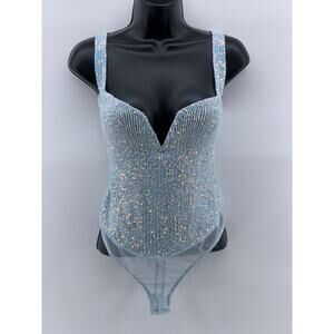 FREE PEOPLE Women's Light Blue Sequin Sheer Sparks Fly Corset Bodysuit SZ S